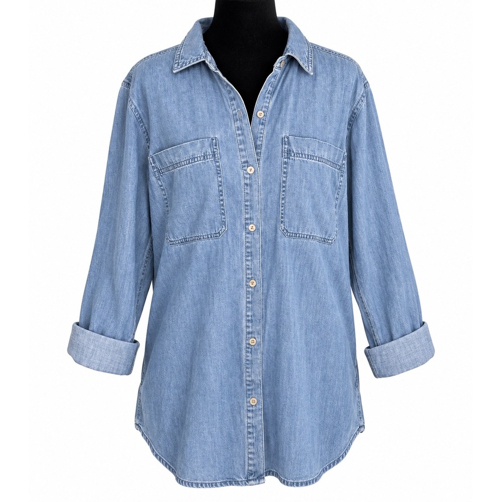 Eileen Fisher Shirt M Blue Chambray Oversized Lagenlook Quiet Luxury Cotton